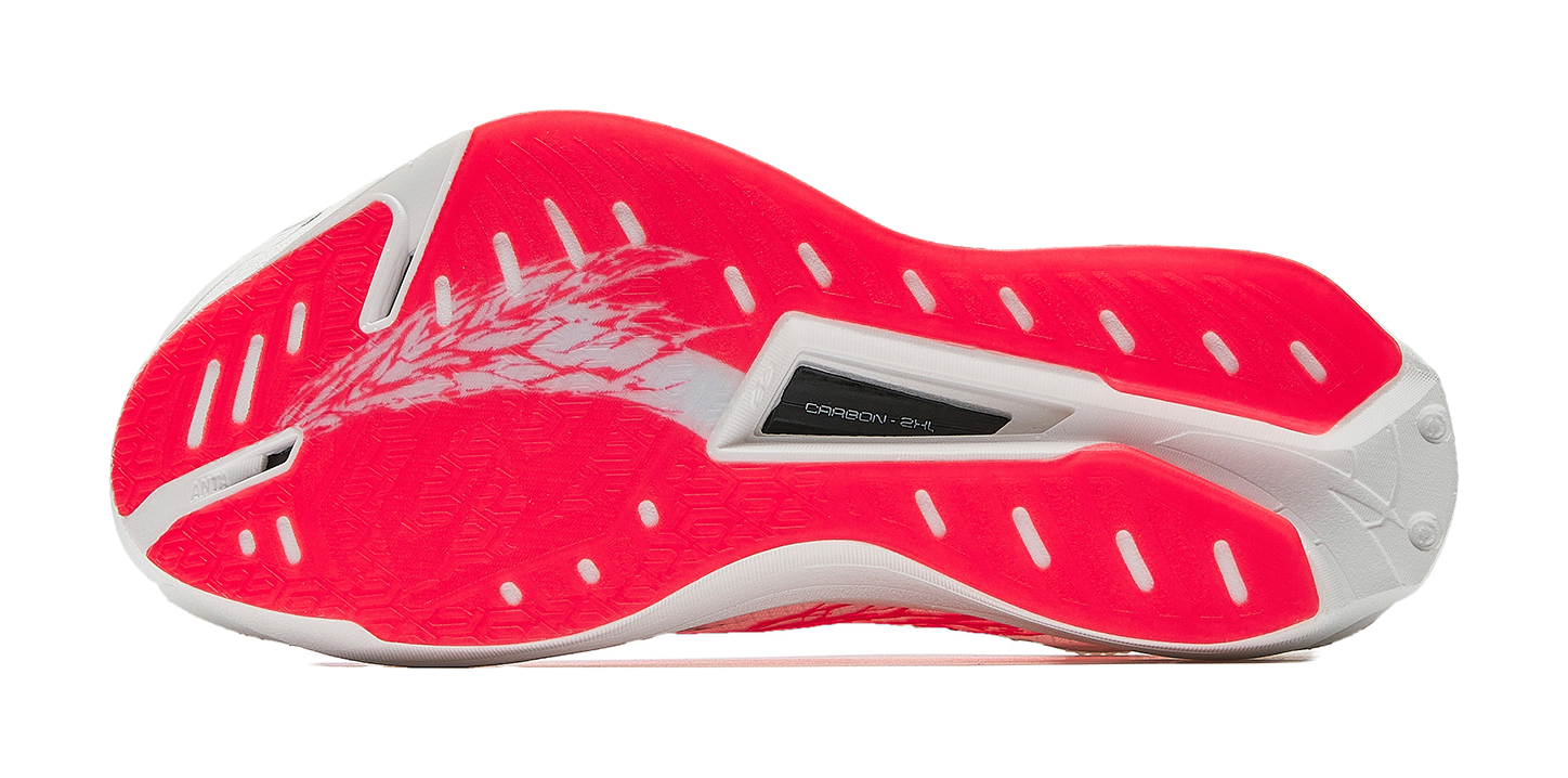 Anta women’s running shoe outsole in red and white with textured traction pattern