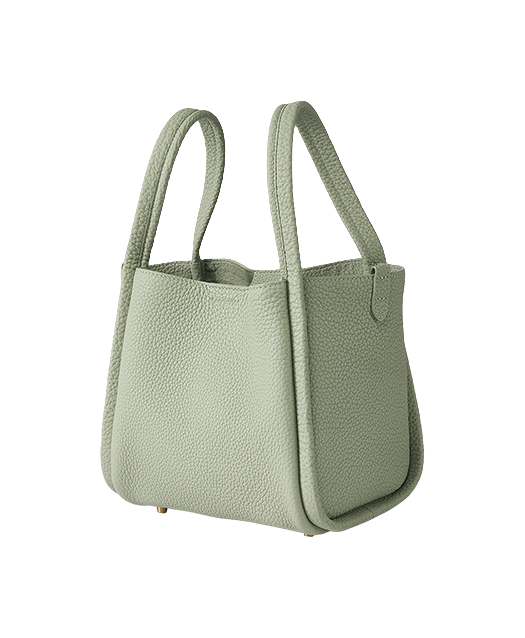 Medium leather basket bag with two top handles, sage green leather and open top