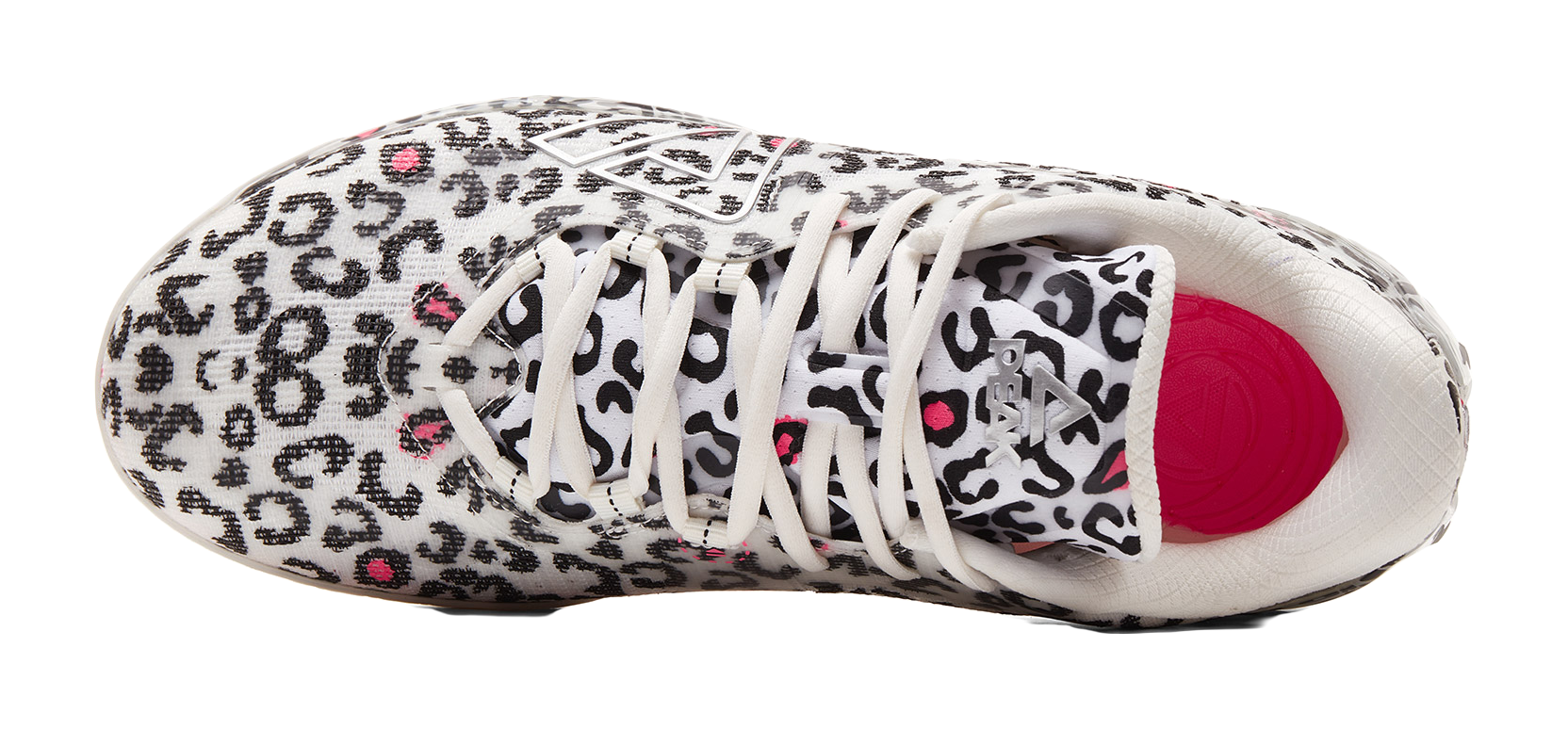 White low-top basketball shoe side view with leopard print and red inner lining