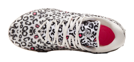 White low-top basketball shoe side view with leopard print and red inner lining