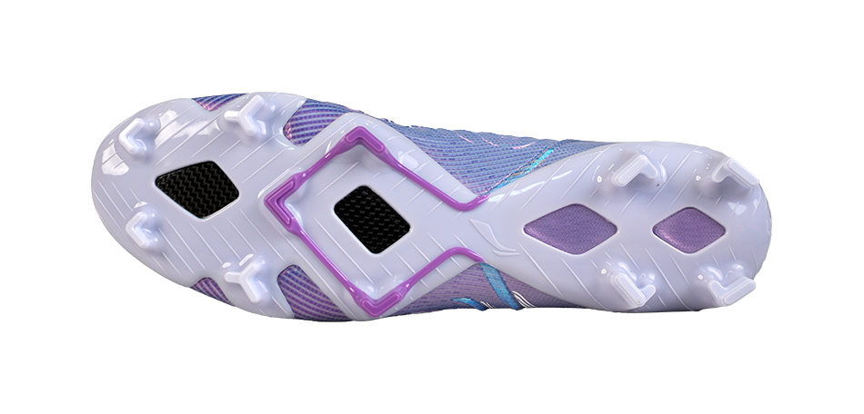 Li-Ning soccer cleat outsole, blue-violet forefoot, white FG stud plate with purple accents