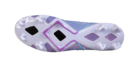Li-Ning soccer cleat outsole, blue-violet forefoot, white FG stud plate with purple accents