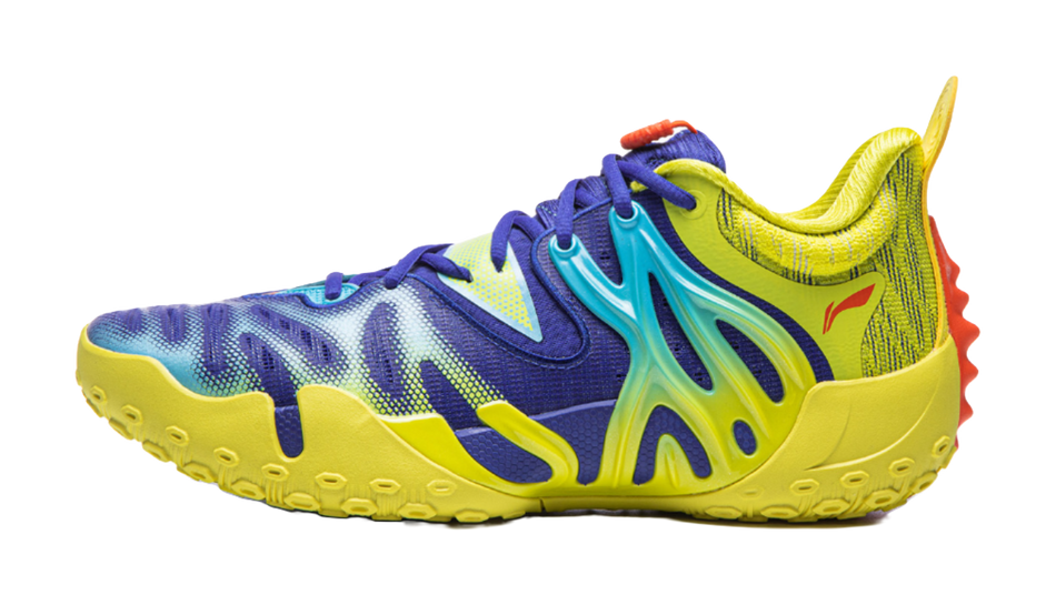 Blue and yellow unisex basketball shoe with lace-up front and textured outsole