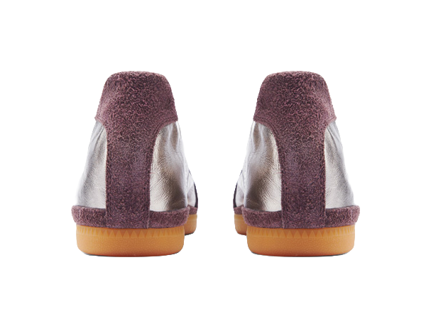 Low-cut training shoes from heel view, silver and maroon uppers with gum outsole.