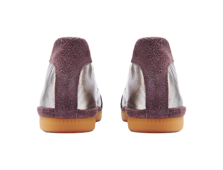 Low-cut training shoes from heel view, silver and maroon uppers with gum outsole.