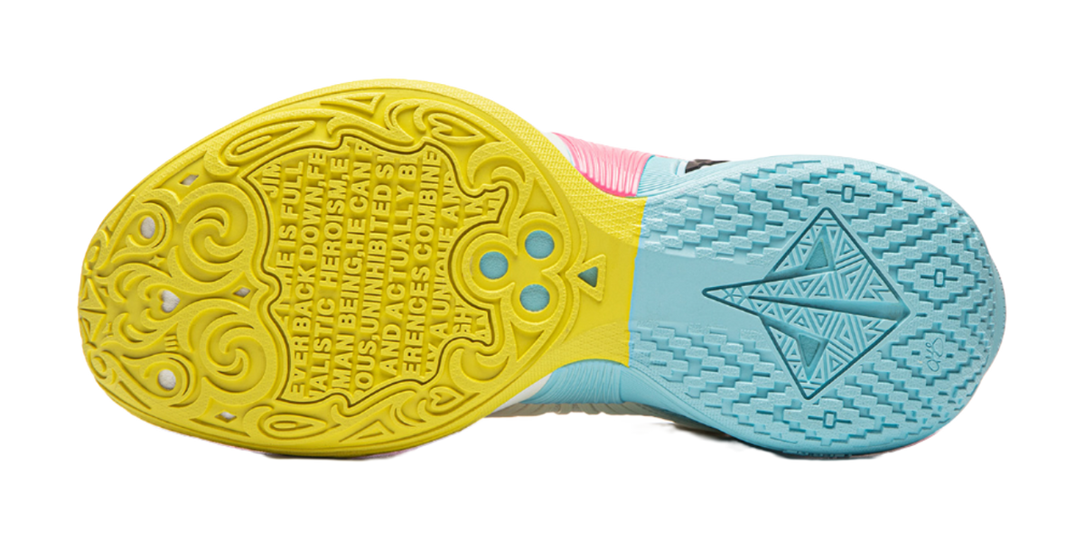 Yellow and blue rubber outsole with textured tread pattern for basketball sneakers.