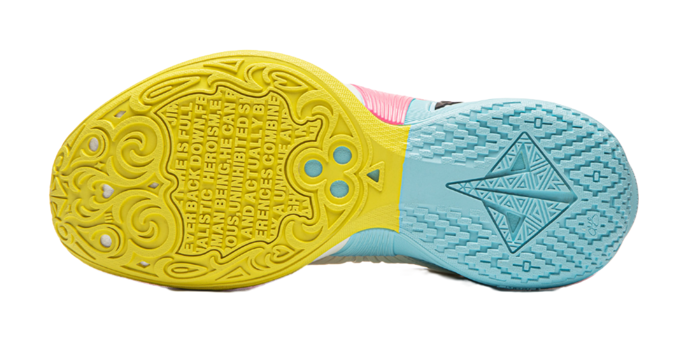 Yellow and blue rubber outsole with textured tread pattern for basketball sneakers.