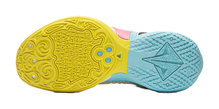 Yellow and blue rubber outsole with textured tread pattern for basketball sneakers.