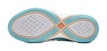 Light blue low basketball shoe outsole with textured traction and logo branding