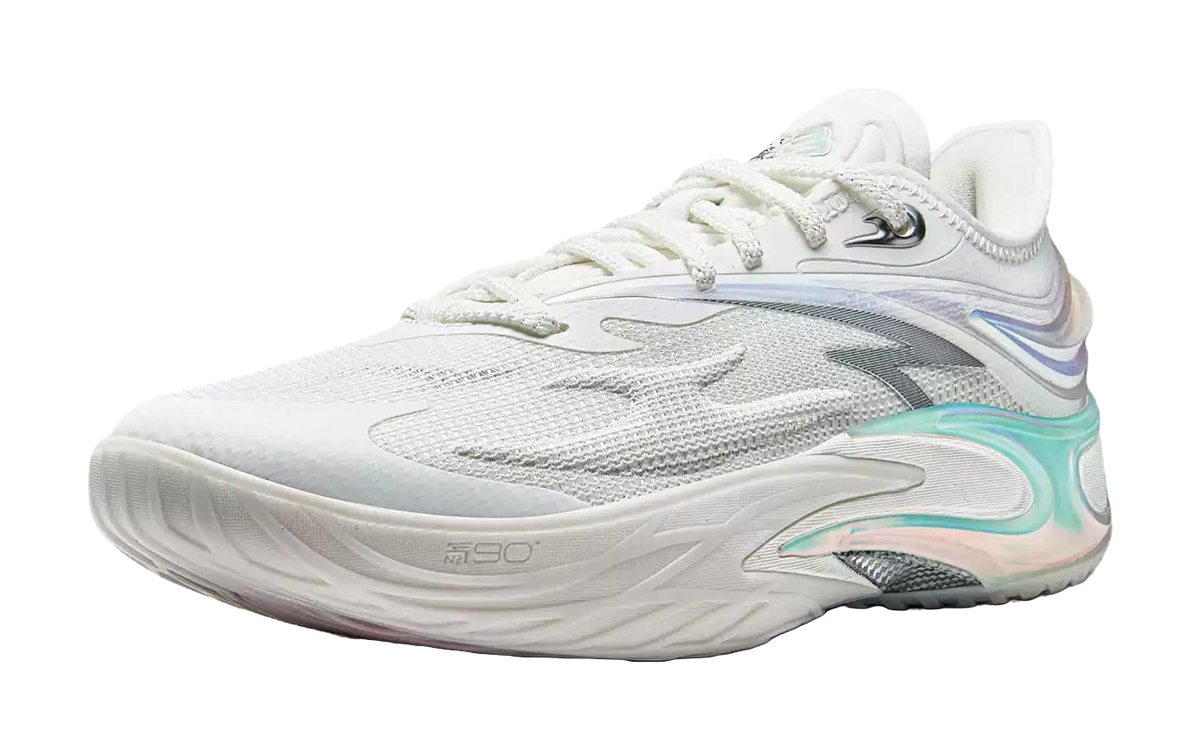 White mesh basketball shoe with teal and purple shimmer accents and lace-up closure