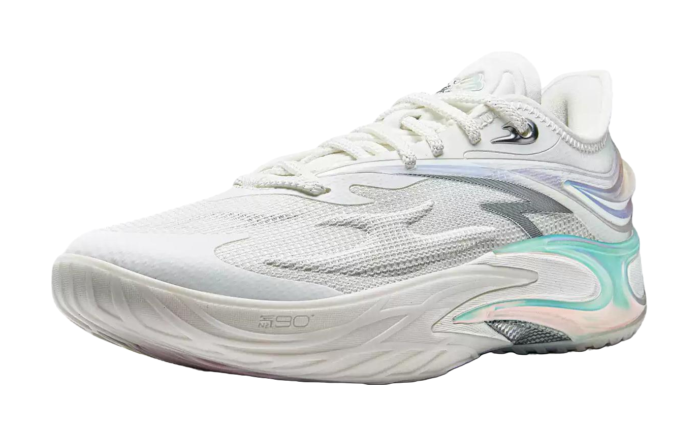 White mesh basketball shoe with teal and purple shimmer accents and lace-up closure