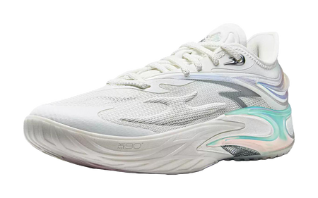White mesh basketball shoe with teal and purple shimmer accents and lace-up closure