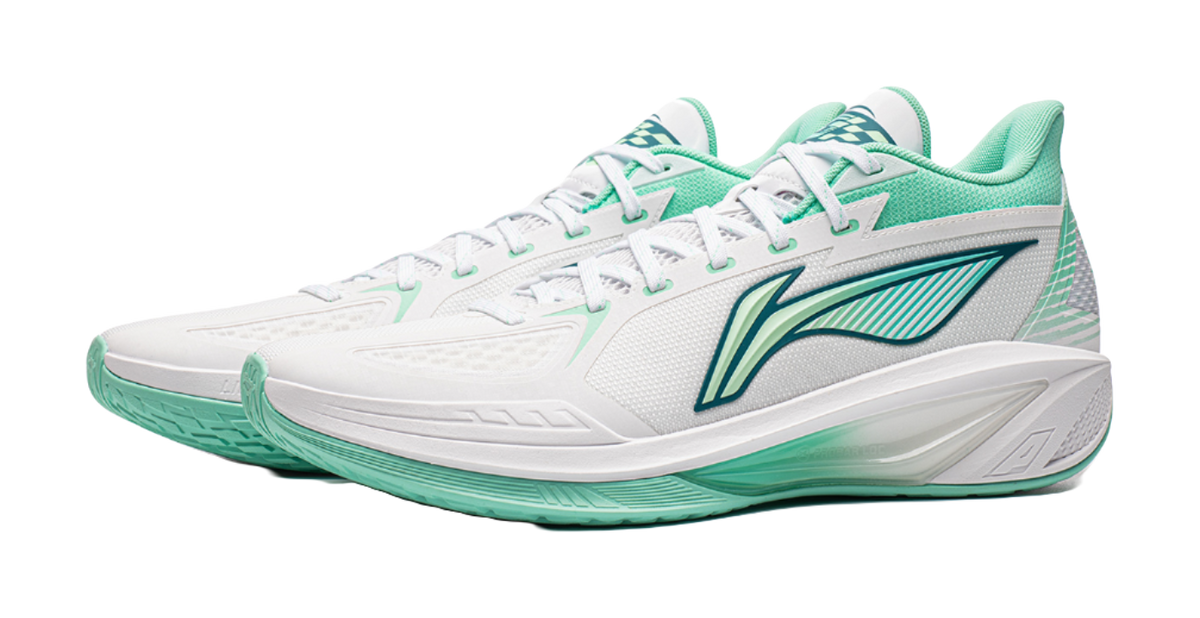 Low-top basketball shoes in white and ice cyan, with lace eyelets and matching tongue