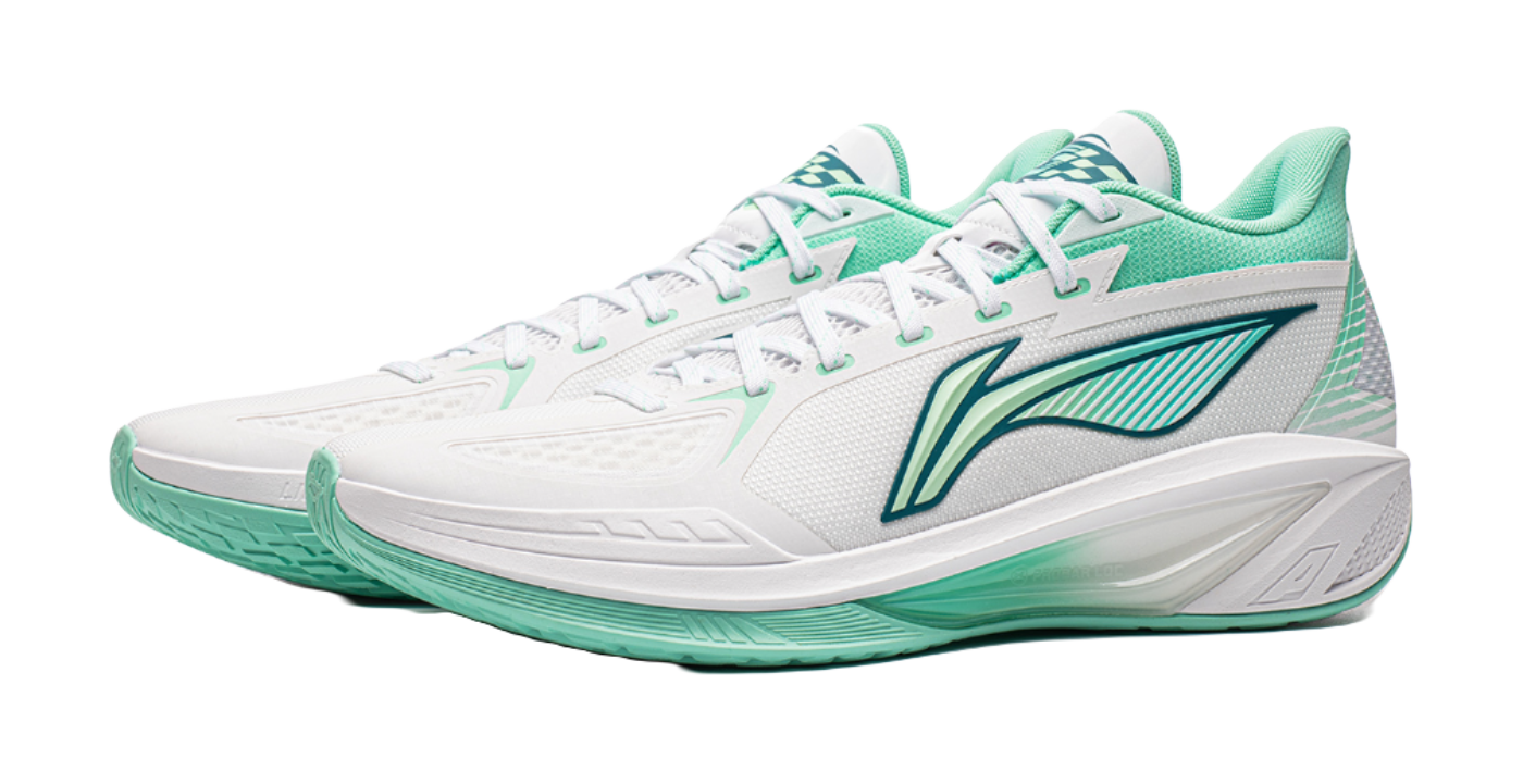 Low-top basketball shoes in white and ice cyan, with lace eyelets and matching tongue