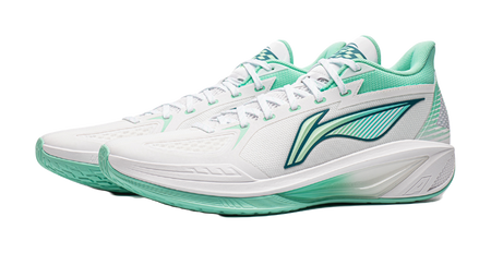 Low-top basketball shoes in white and ice cyan, with lace eyelets and matching tongue