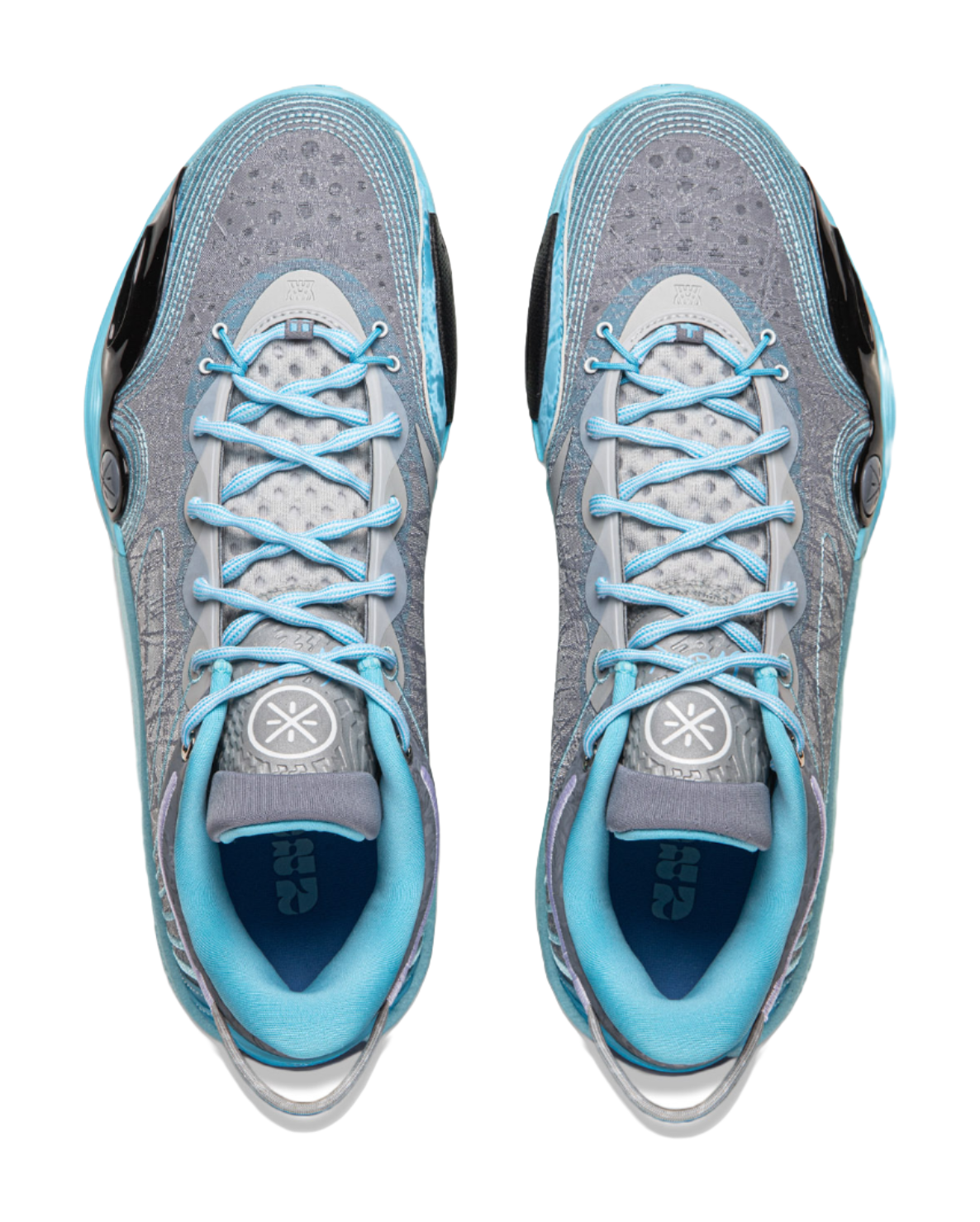 Men's low-top basketball shoe pair view: light blue laces, textured gray knit upper
