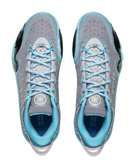 Men's low-top basketball shoe pair view: light blue laces, textured gray knit upper