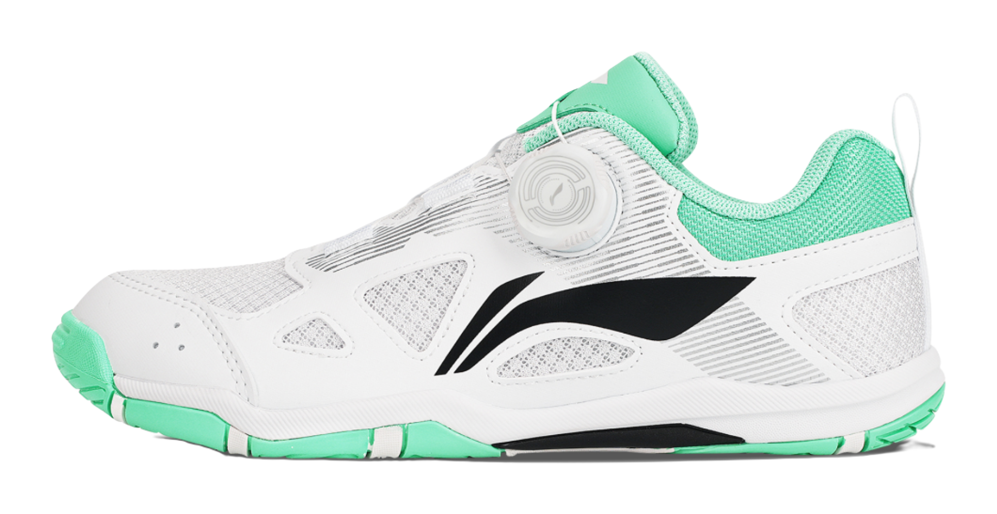 Table tennis shoe in white with green collar accents and black side logo