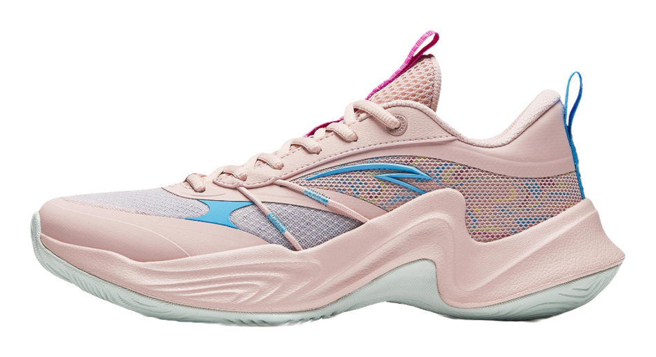 Unisex basketball shoe with pink mesh upper, blue accents, and pink laces