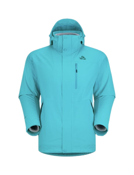 Men's light blue 3-in-1 windbreaker jacket with hood, full zip, chest pocket