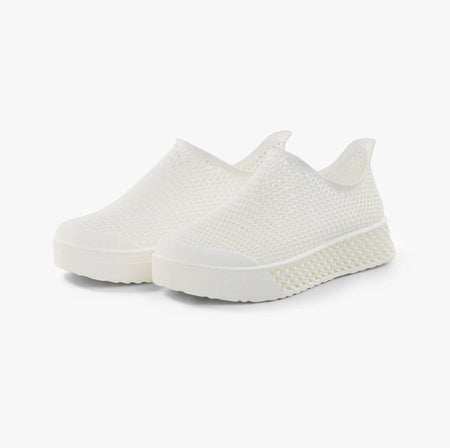 Pair of off-white slip-on sneakers with 3D printed mesh and cushioned sole