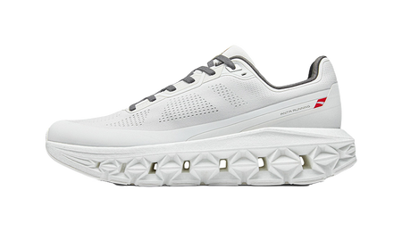 Mens low-top running shoes, white upper with gray accents and dark lace-up