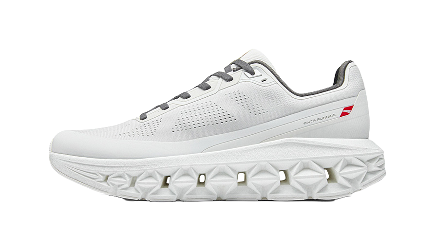 Mens low-top running shoes, white upper with gray accents and dark lace-up