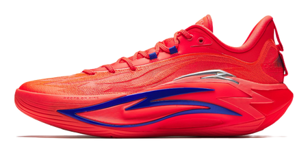 Red lace-up basketball shoe with blue side stripe and textured upper, molded sole