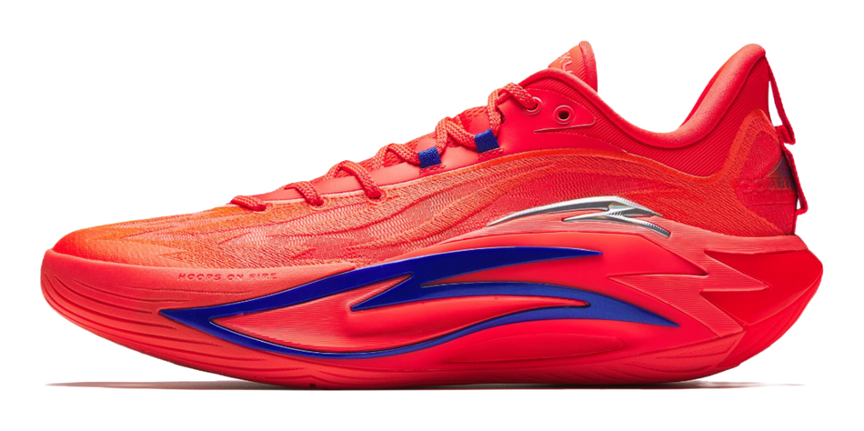 Red lace-up basketball shoe with blue side stripe and textured upper, molded sole