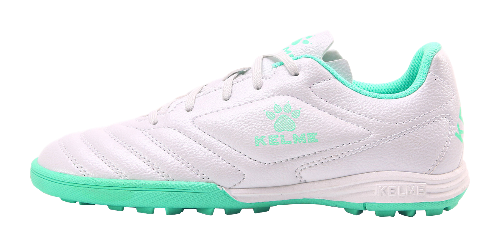 Kelme TF training soccer shoes, white uppers with mint green accents, lace-up.