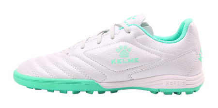 Kelme TF training soccer shoes, white uppers with mint green accents, lace-up.