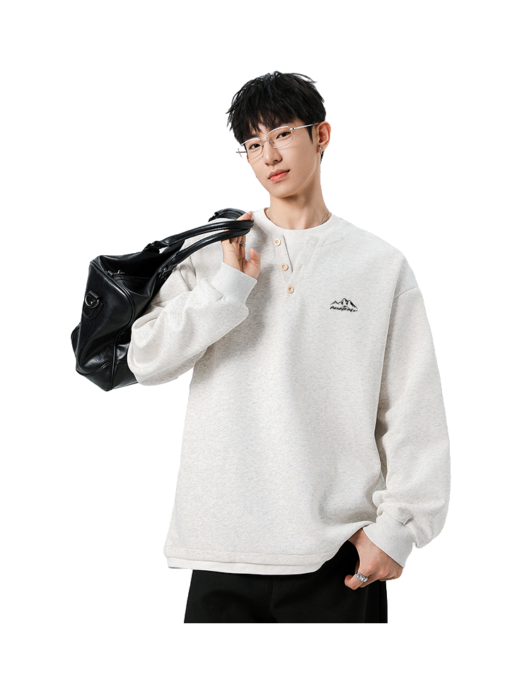 Warrior Revival Wind and Wave Series American Trendy College Style Letter Print Color Contrast Splicing Fake Two Piece Loose Casual Versatile Hoodie Bottom Wear Warm Henley Collar Long Sleeve T-shirt Unisex  vjsneaker.com