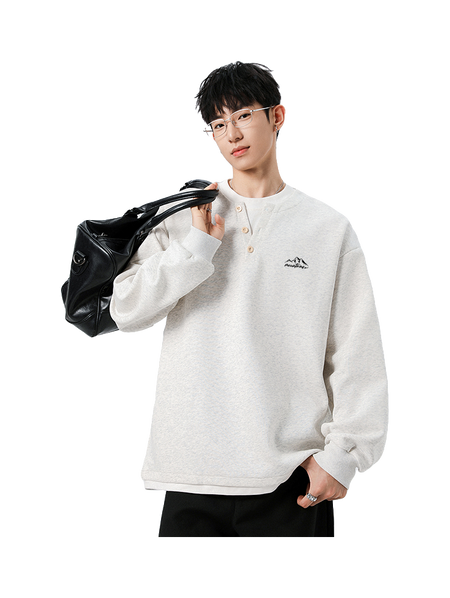 Warrior Revival Wind and Wave Series American Trendy College Style Letter Print Color Contrast Splicing Fake Two Piece Loose Casual Versatile Hoodie Bottom Wear Warm Henley Collar Long Sleeve T-shirt Unisex  vjsneaker.com