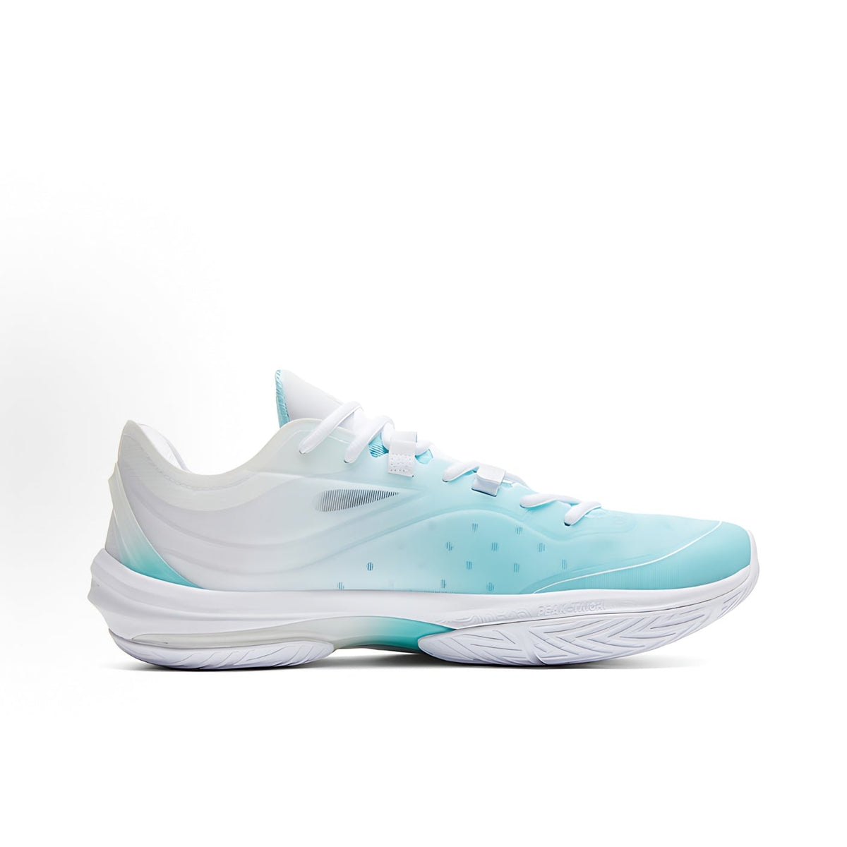 Ice blue and white basketball shoe side view with textured outsole and laces.