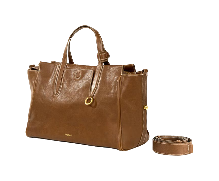 Brown leather travel shoulder bag with top handles, front pocket, and detachable crossbody strap