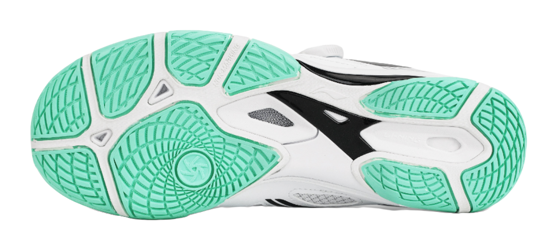 Table tennis shoe outsole in mint green with textured traction pattern over white base