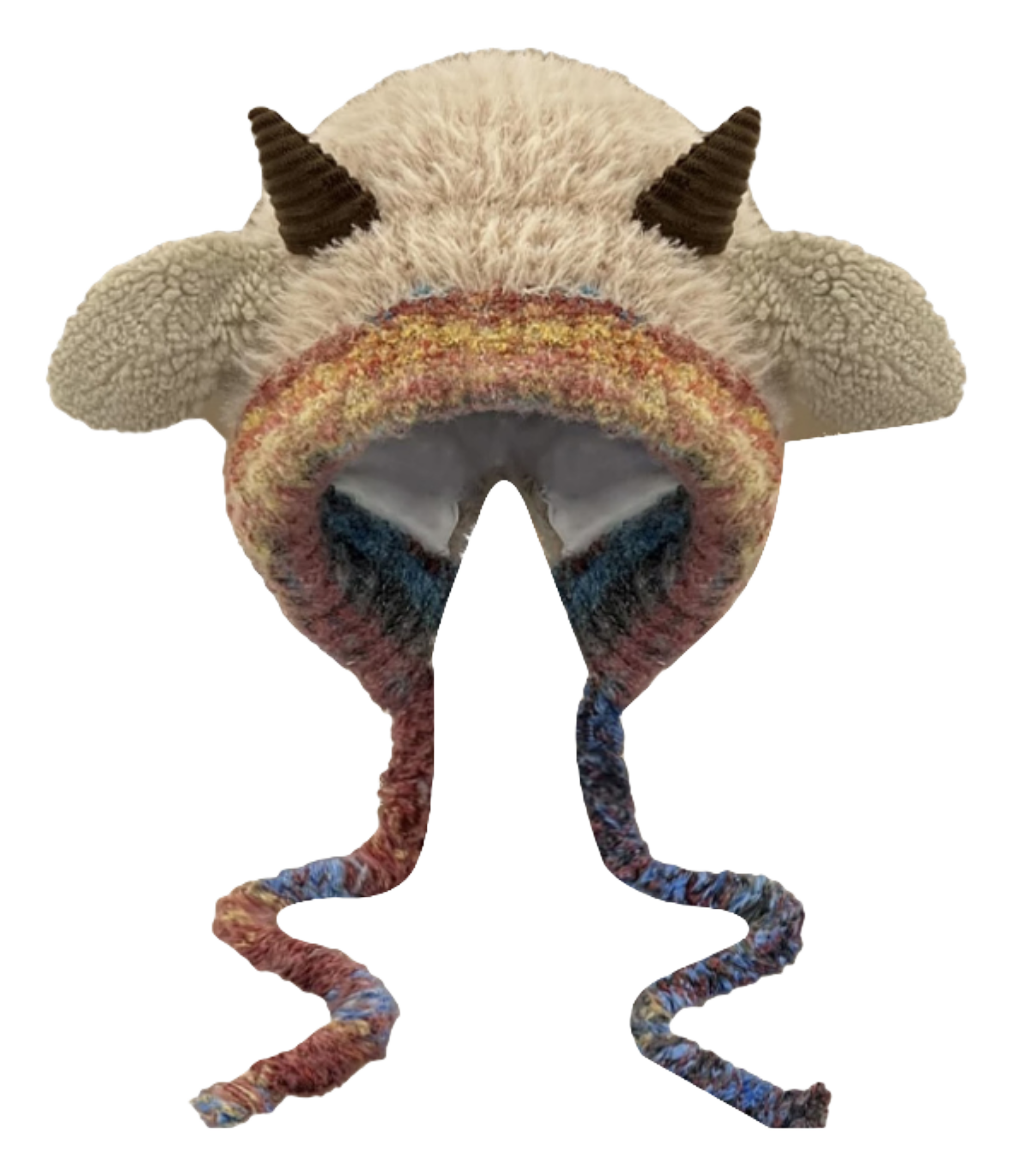 [Little Sheep Horn] IOTS will squeak when pinching the ears! Warm autumn and winter, soft and cute rainbow, dopamine cooling and windproof drawstring, double-layer cute and warm cartoon, niche polyester fiber woolen hat, unisex, couple style  vjsneaker.com