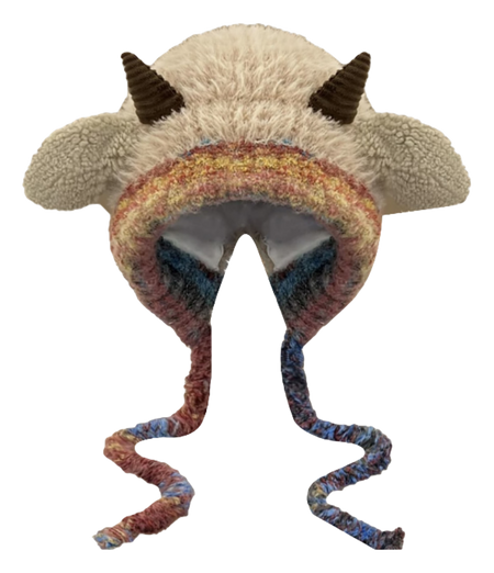 [Little Sheep Horn] IOTS will squeak when pinching the ears! Warm autumn and winter, soft and cute rainbow, dopamine cooling and windproof drawstring, double-layer cute and warm cartoon, niche polyester fiber woolen hat, unisex, couple style  vjsneaker.com