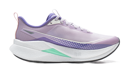 Lavender purple and white running shoe with purple side logo and green midfoot panel