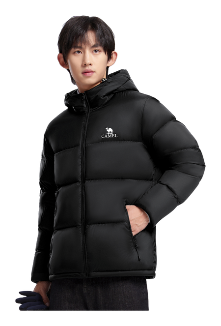 Black hooded puffer down jacket, full-zip, quilted baffles
