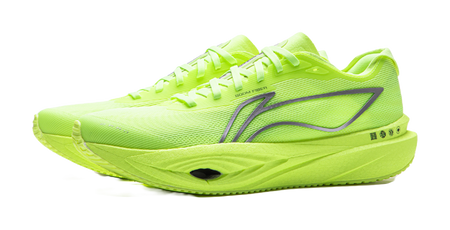 Neon yellow green low-top running shoes, front 3/4 view, lace-up, rocker sole