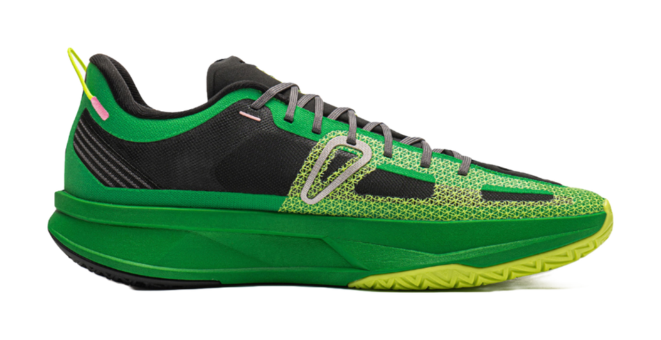 Green and black basketball shoe, textured upper, black collar, neon lace details.