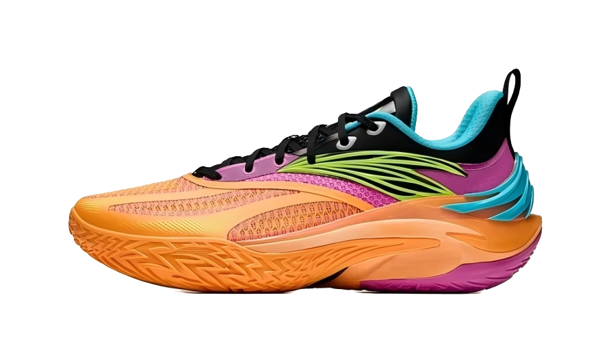 Orange basketball shoe with black upper, neon green stripes, teal heel detail