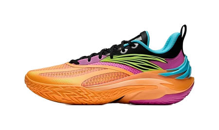 Orange basketball shoe with black upper, neon green stripes, teal heel detail