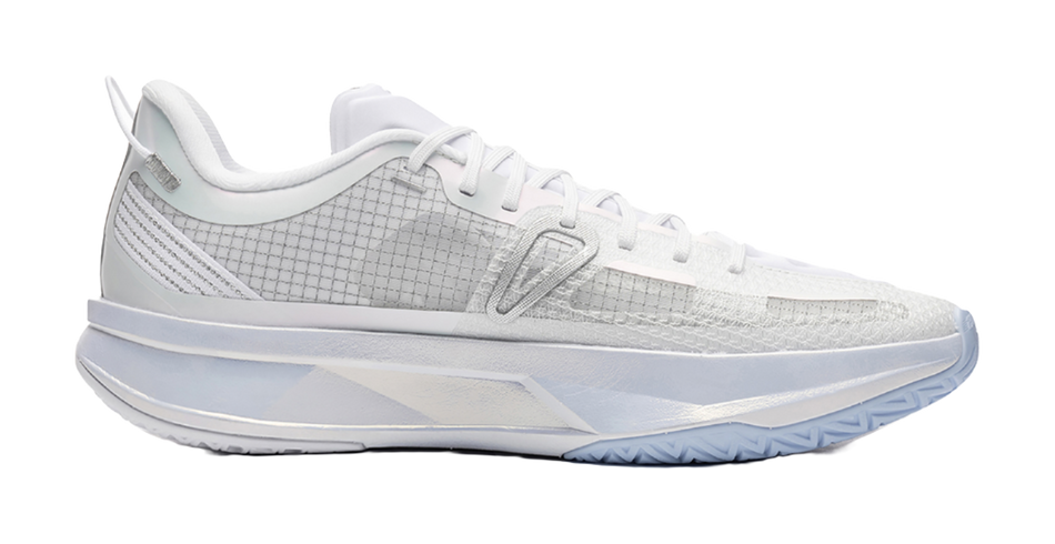 White basketball sneaker with mesh upper and lace-up front, low-profile rubber sole.