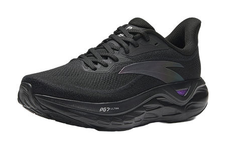 Men's low-top running shoes in black with gray accents, lace-up with cushioned sole