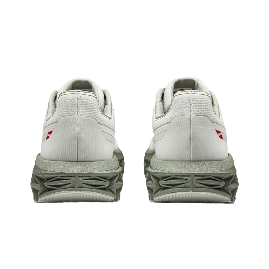Unisex light gray running shoes rear view with red heel accents and cushioned collar.