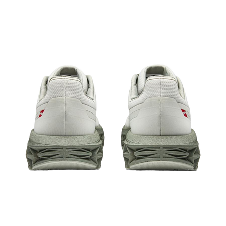 Unisex light gray running shoes rear view with red heel accents and cushioned collar.