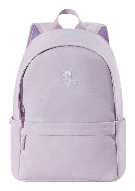 Light purple 18L outdoor backpack with front zip pocket and top handle, CAMEL logo.