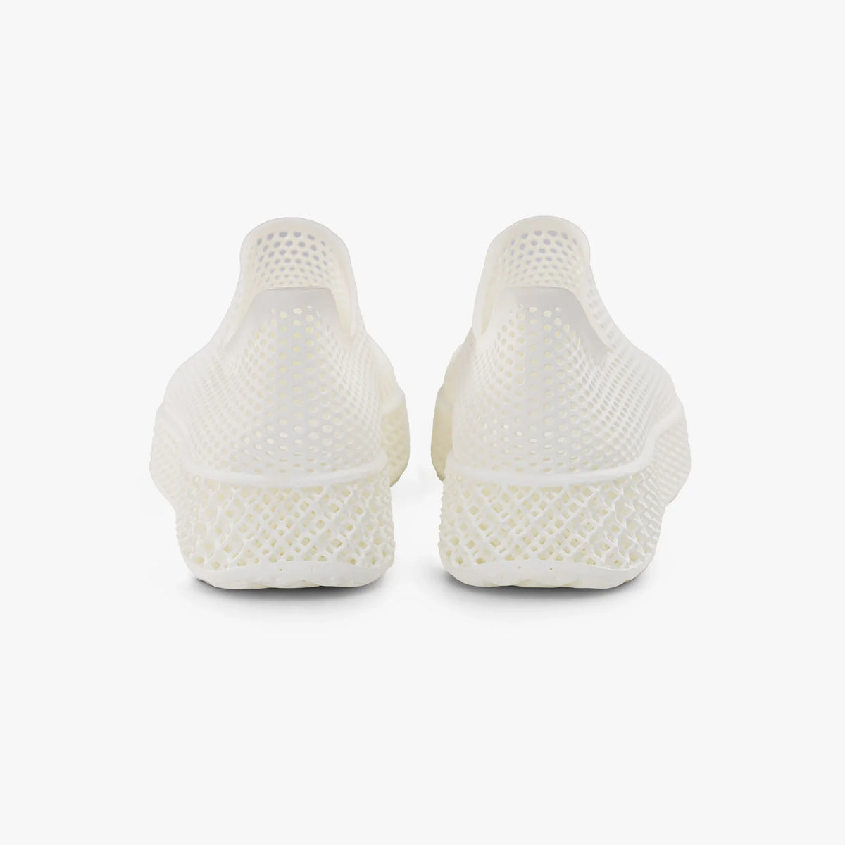 Off-white sneakers rear view with 3D printed heel area and treaded sole